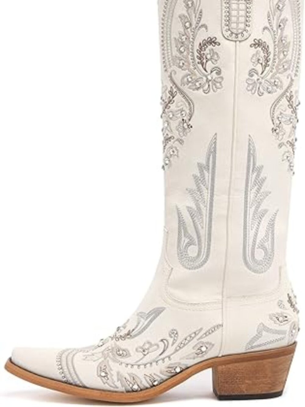 Women's White Embroidered Rhinestones Knee High Cowgirl Boots Pointed Toe - Picture 7 of 8